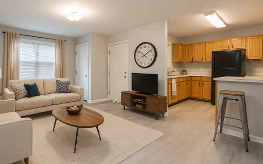 Three people in hard hats looking up at a building exterior; one gestures at it.