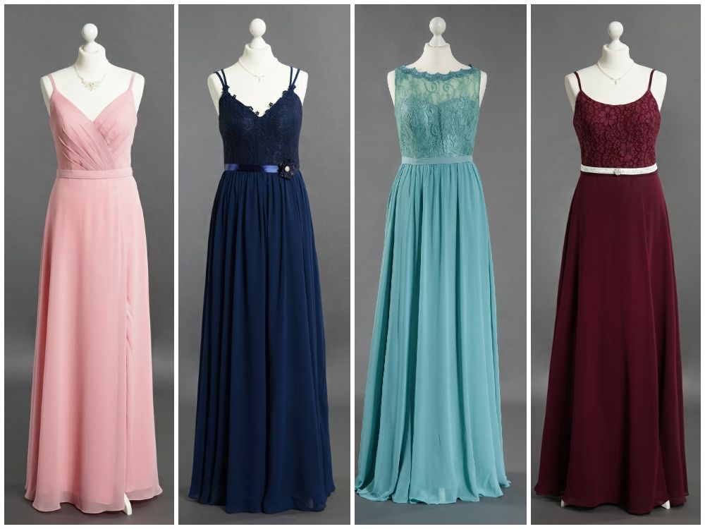 Eine Collage aus vier verschiedenen Kleidern auf Schaufensterpuppen.