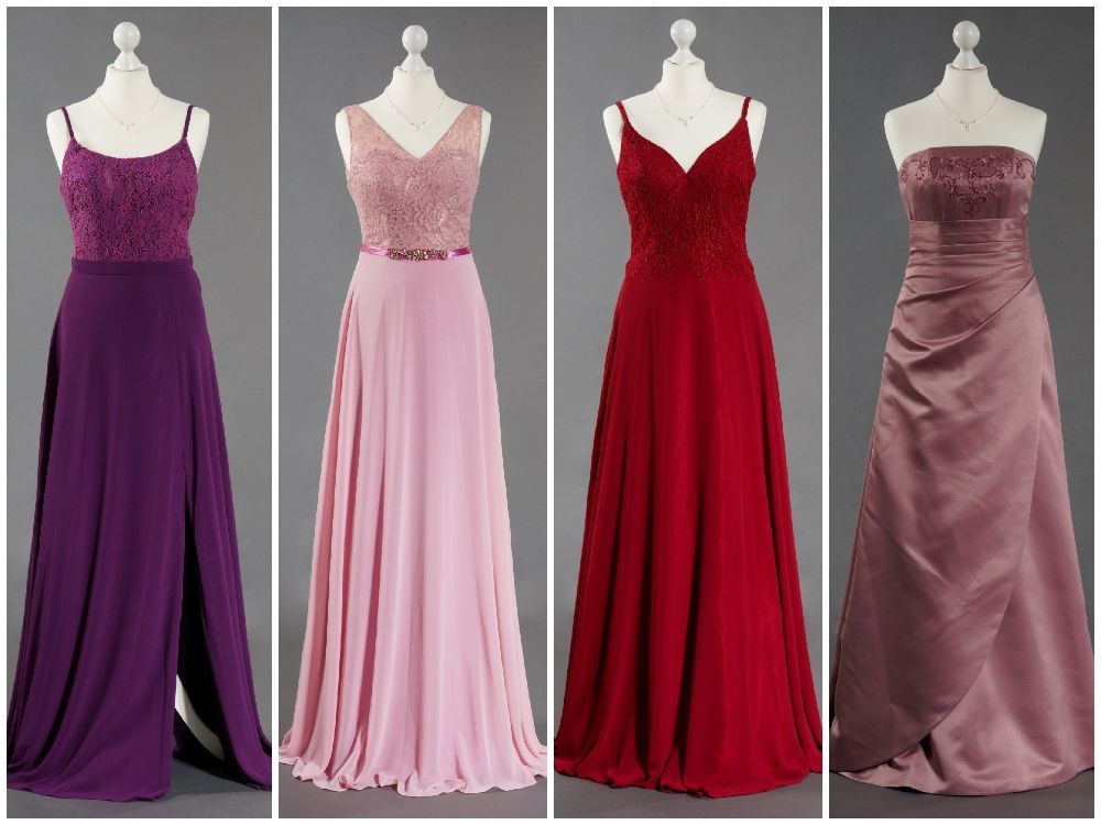 Eine Collage aus vier verschiedenfarbigen Kleidern auf Schaufensterpuppen