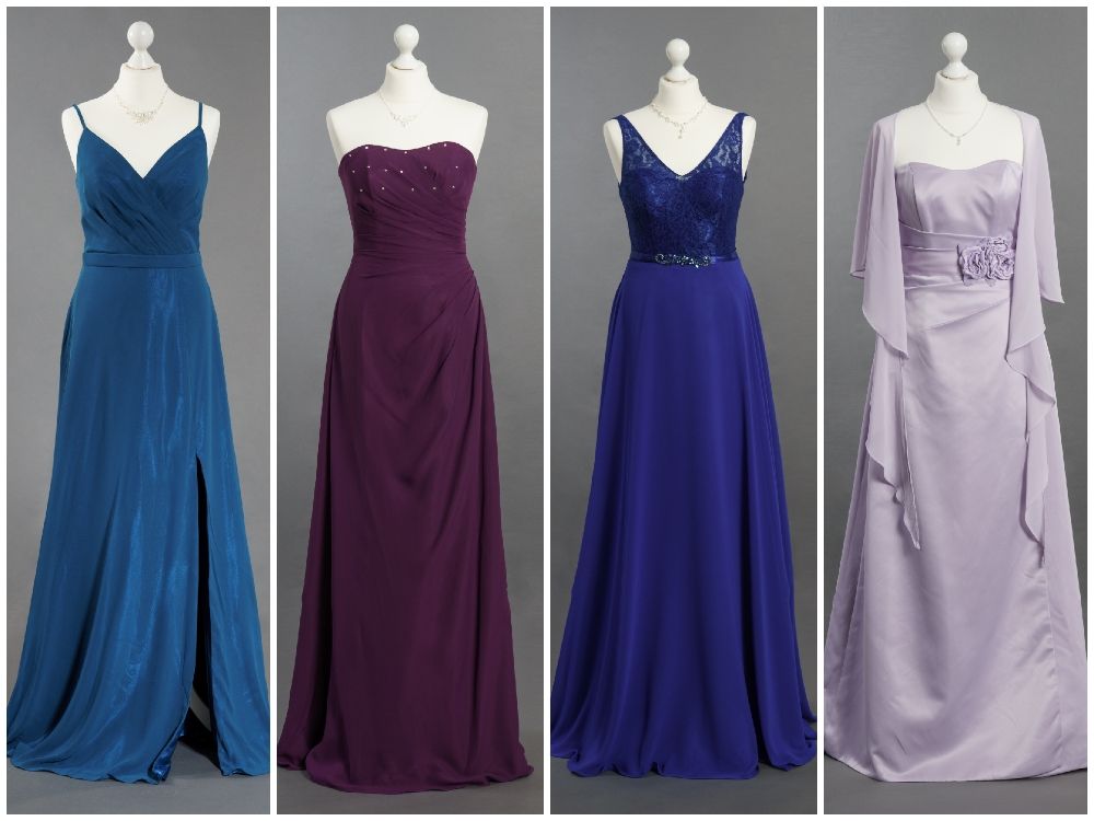 Eine Collage aus vier verschiedenfarbigen Kleidern auf Schaufensterpuppen