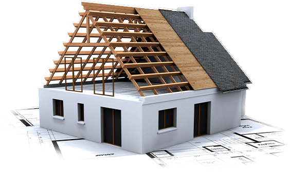 A model of a house under construction with a wooden roof