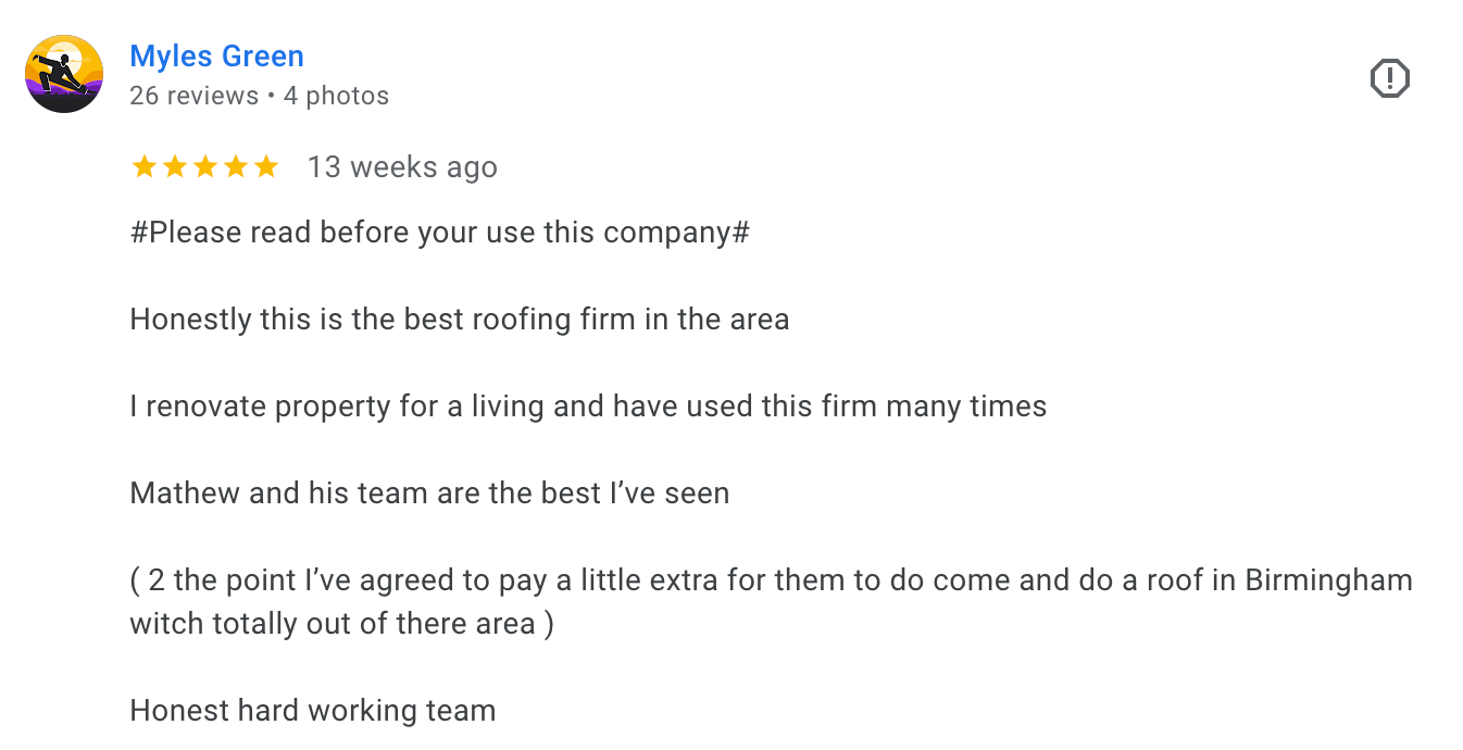 A screenshot of a google review for a roofing company.