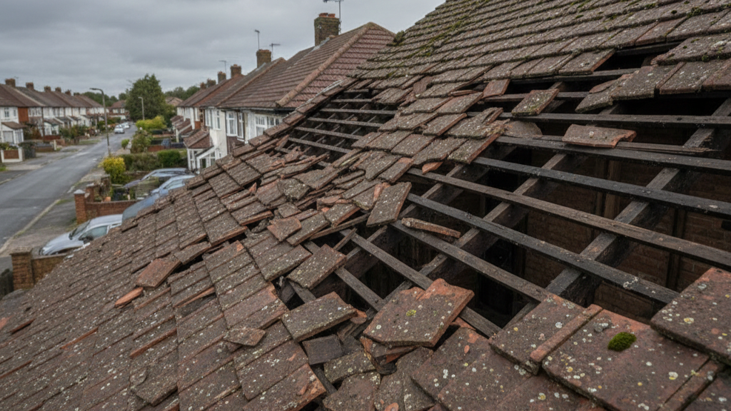 Damaged UK residential roof in Northolt with missing tiles and exposed wooden beams after storm, under an overcast sky.