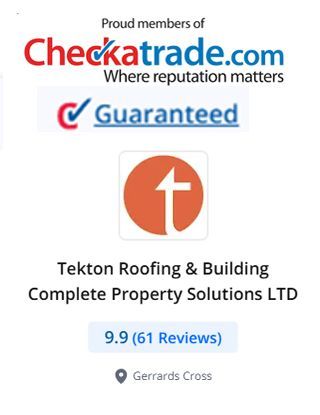 Tekton Roofing & Building logo with Checkatrade.com affiliation, rating 9.9 based on 61 reviews, location: Gerrards Cross.