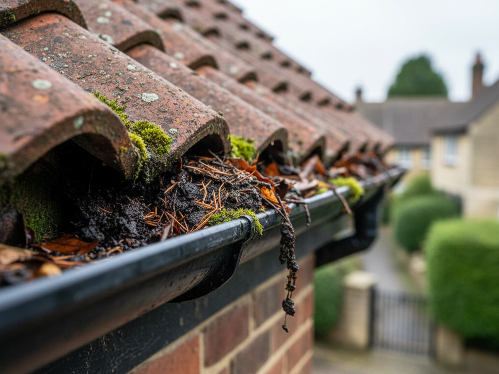 Overgrown gutters clogged with leaves and moss on a traditional UK brick building.
