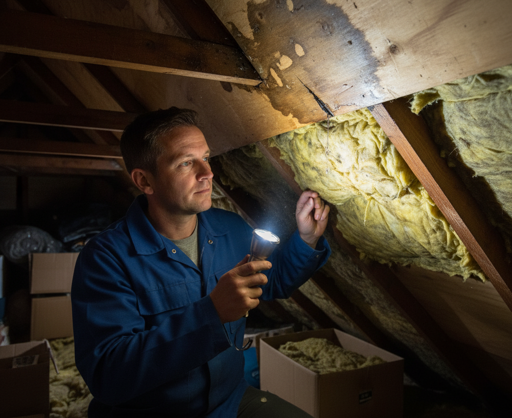Man in a blue jumpsuit inspecting an attic in an Oxford home, using a flashlight to check for roof leaks among the insulation.