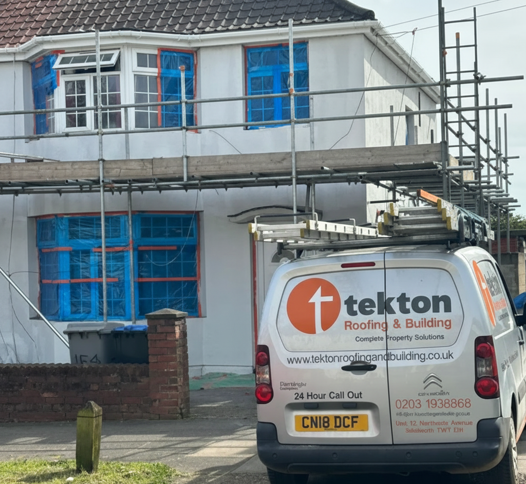 White house in Oxford with scaffolding and a Tekton Roofing van parked nearby. Windows covered in blue protective wrap during roof repair work.
