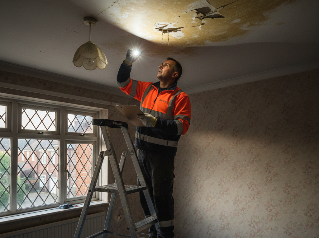 Professional roofer inspecting severe ceiling water damage and leak in a residential property in Northolt, West London
