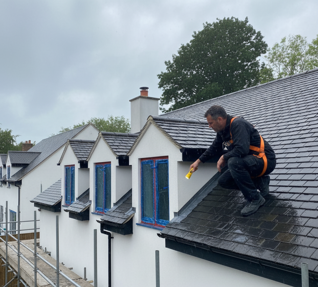 Roofer inspecting flashing around a dormer window on a slate roof in Oxford. White building with scaffolding under a cloudy sky.