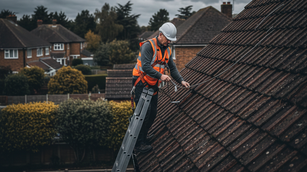 Roofer on a ladder wearing a safety harness, working on a tiled roof. Overcast day.