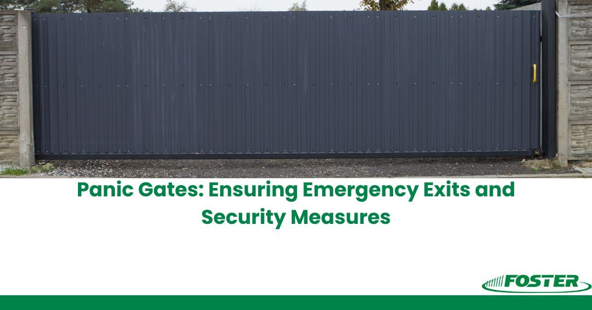 A black gate with the words panic gates ensuring emergency exits and security measures on it