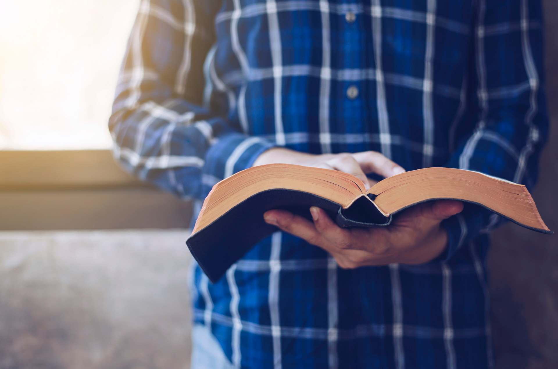 Person in a blue plaid shirt holding and reading an open book with tan pages.