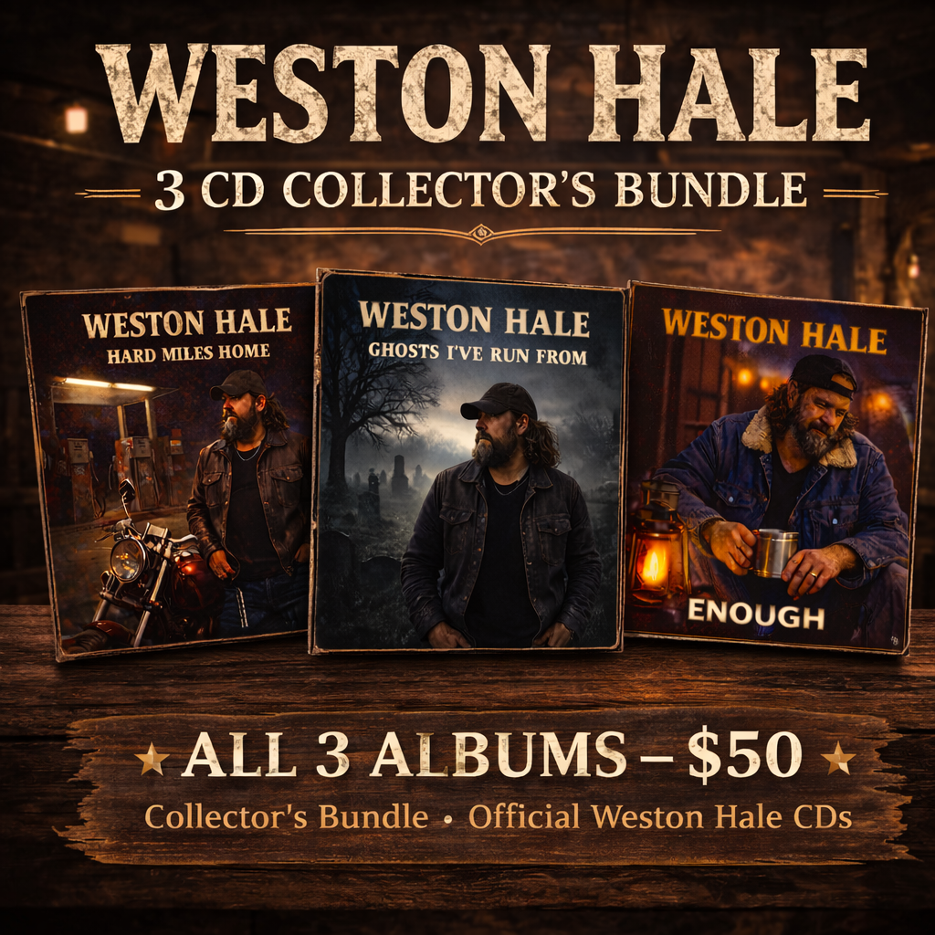 Promotional graphic for Weston Hale's 3-CD collector's bundle, featuring three album covers for $50 on a wooden surface.