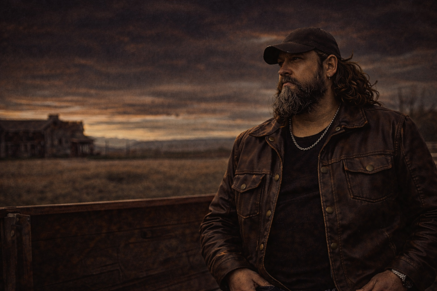 A bearded person in a leather jacket and cap stands in a field at dusk, looking toward a farmhouse in the distance.