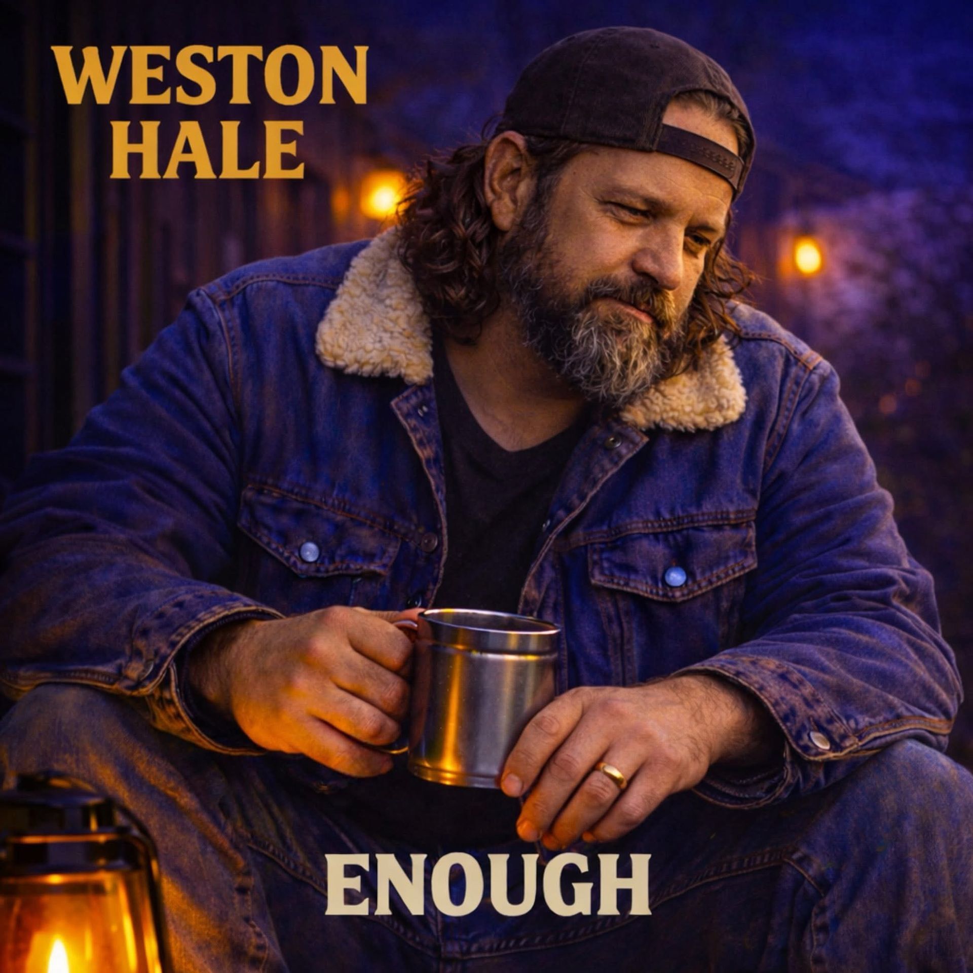 A man wearing a blue jacket with a fur collar holds a metal mug; text overlay reads 