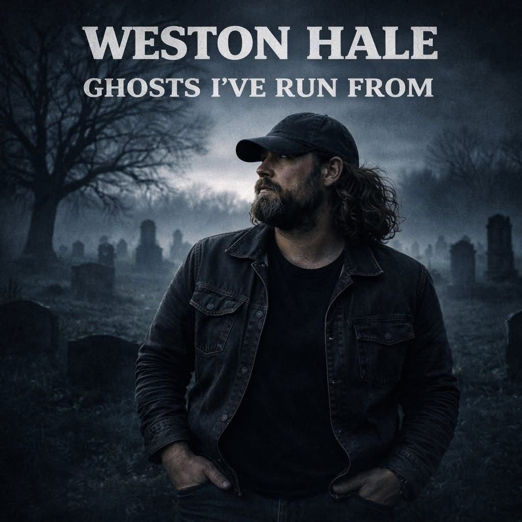 A man in a baseball cap and dark jacket stands in a misty cemetery at dusk. Text reads: Weston Hale, Ghosts I've Run From.