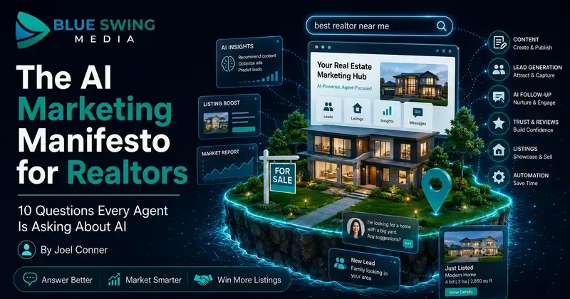 Blue Swing Media ad: “The AI Marketing Manifesto for Realtors” with futuristic real estate dashboard and house scene