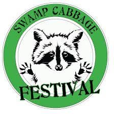 Swamp Cabbage Festival logo: raccoon inside a green circle with the words