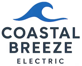Logo of Coastal Breeze Electric: Blue wave over dark blue text.