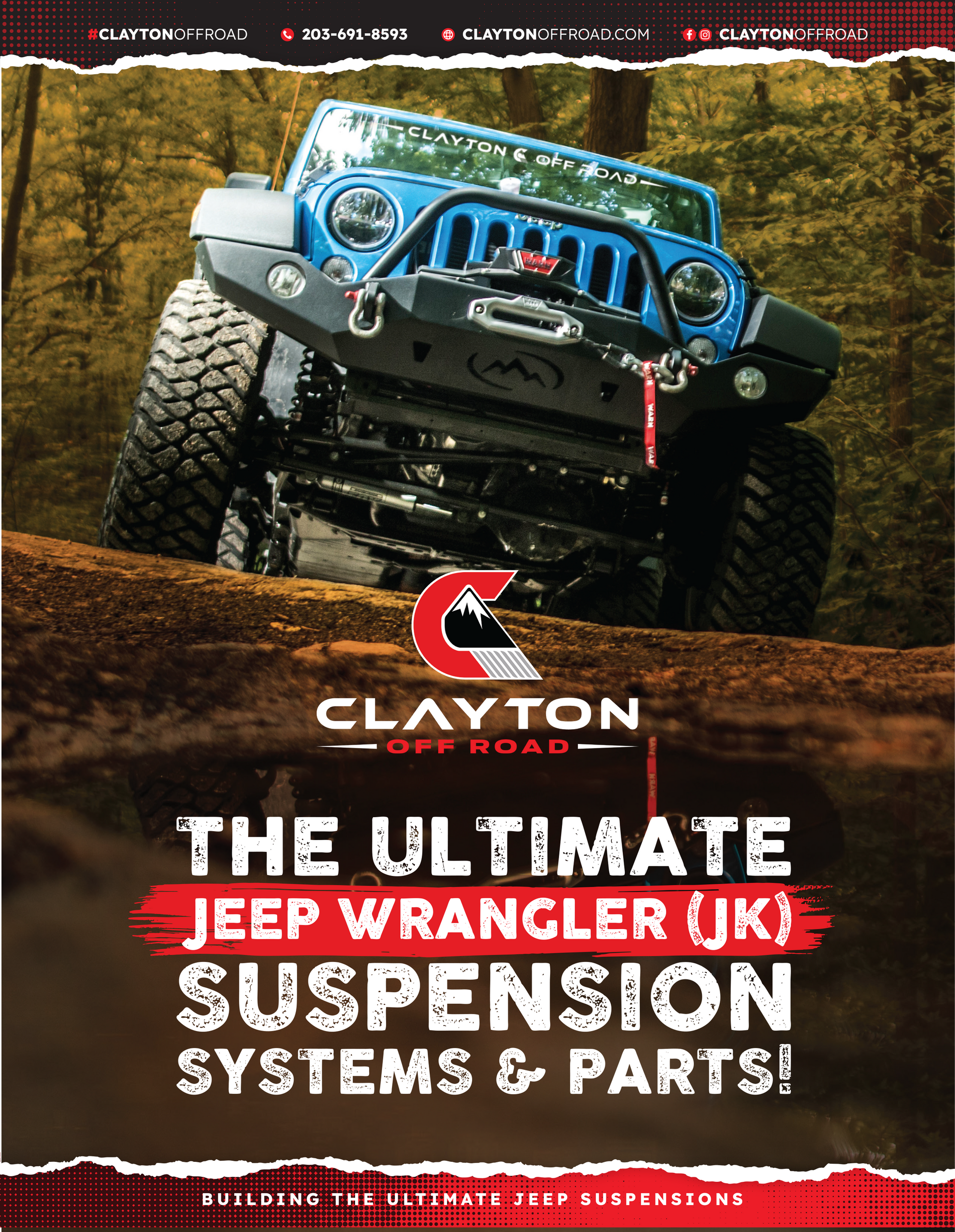 Blue Jeep Wrangler on a dirt path with Clayton Off Road logo and text for suspension systems and parts.