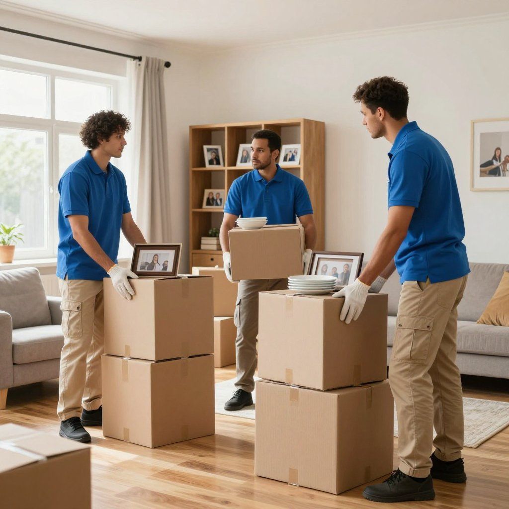 Movers in blue shirts and tan pants stack boxes inside a brightly lit living room.