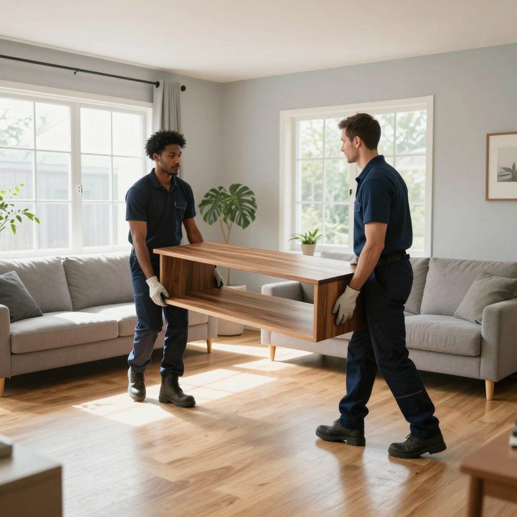 Two movers carrying a wooden shelf in a living room with couches and windows.