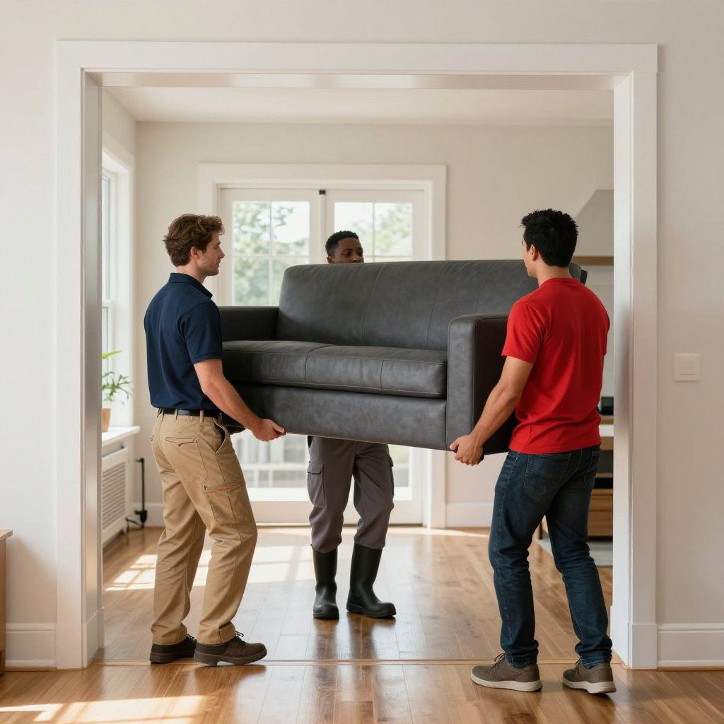 Three people carrying a gray sofa through a doorway with a light-colored wood floor.