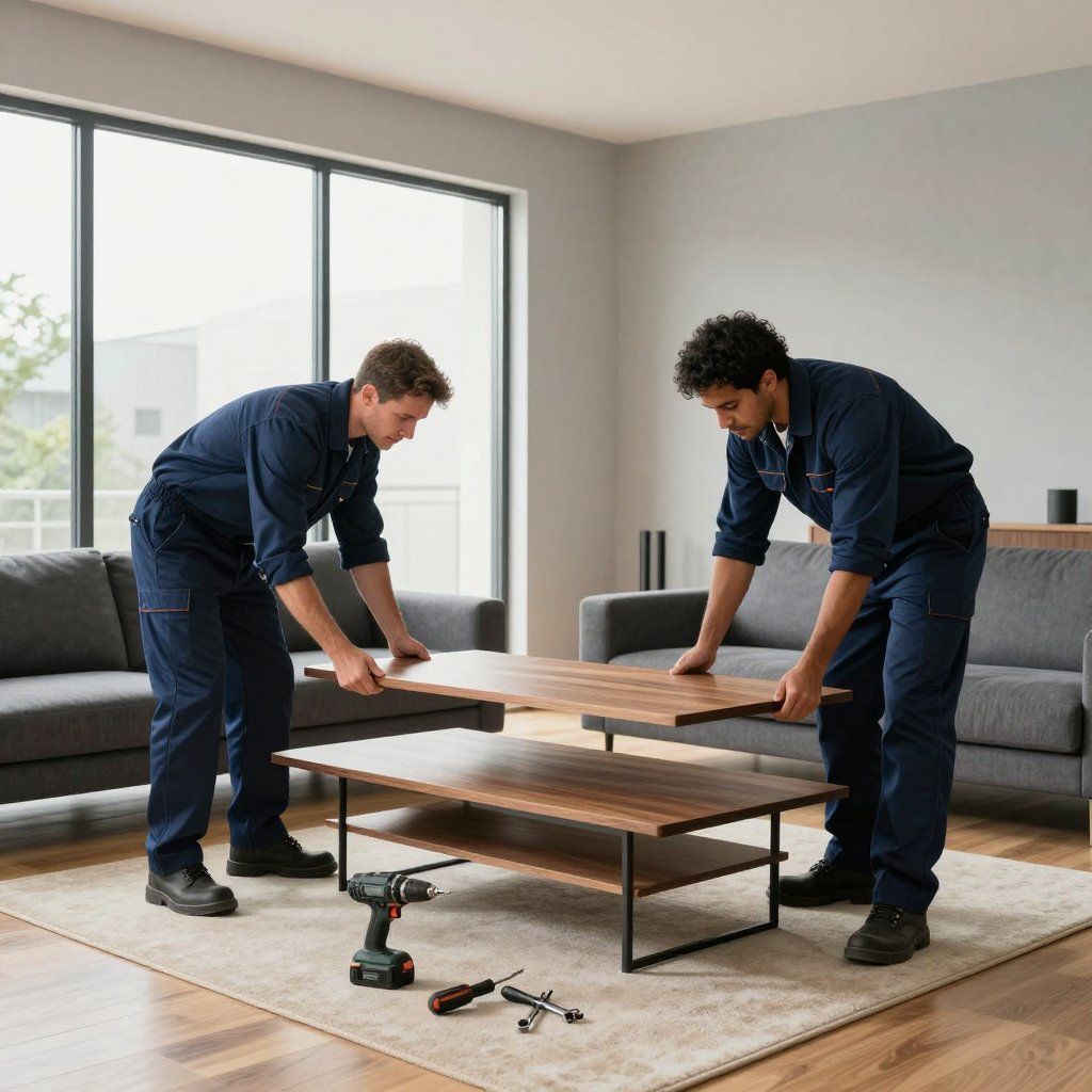 Two people assembling a wooden coffee table in a living room.