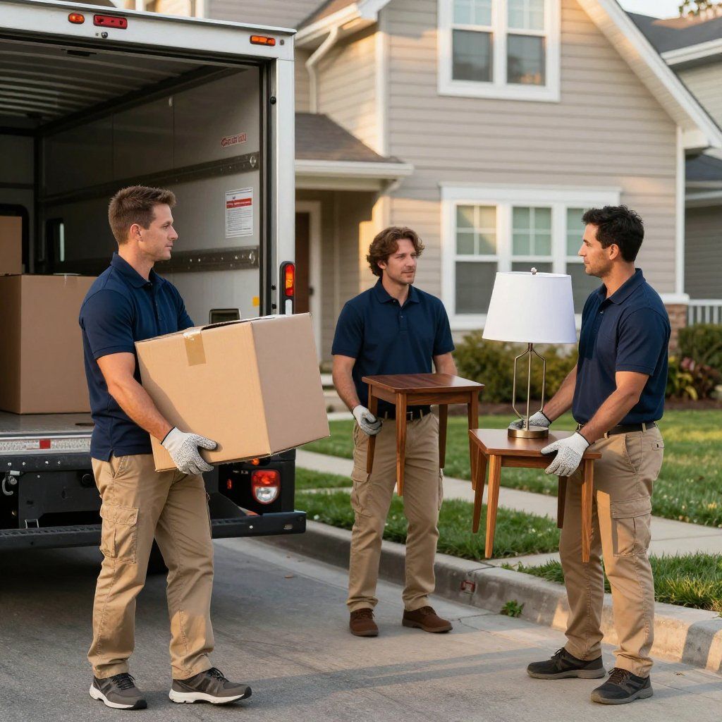 Three movers in blue shirts and khaki pants carrying boxes and furniture outside a house, loading a truck.