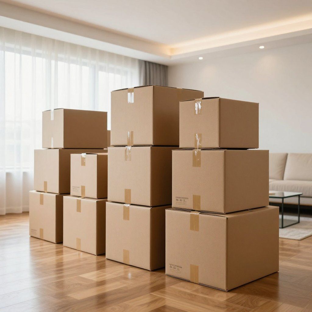 Cardboard moving boxes stacked on wooden floor in a room.