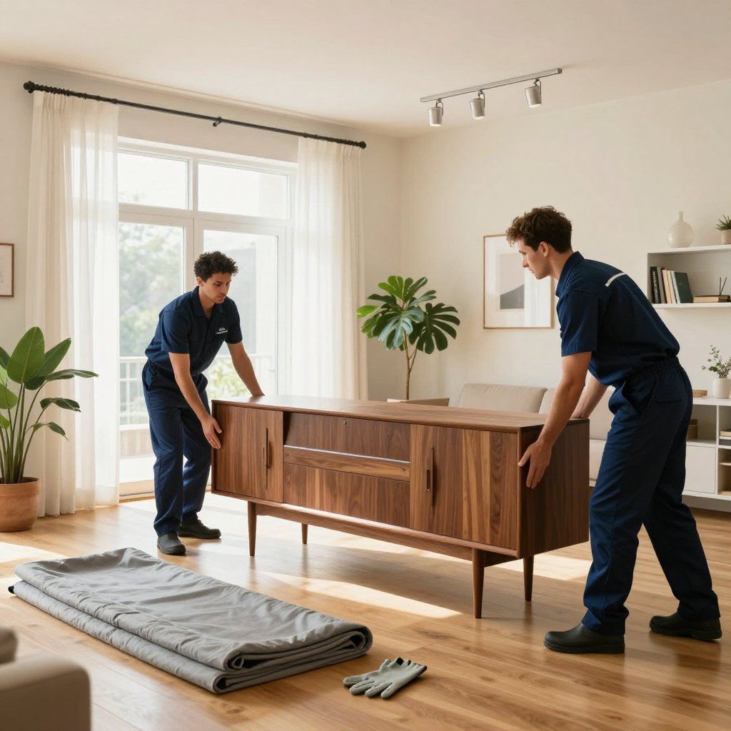 Two movers in blue uniforms lift a wooden cabinet in a bright living room. A moving blanket and gloves are in the foreground.