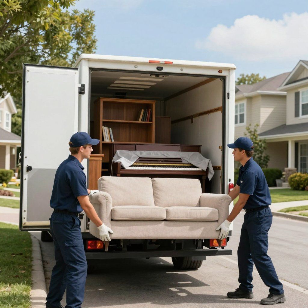 Two movers loading a sofa into a truck. Other furniture already inside. Suburban street, sunny day.