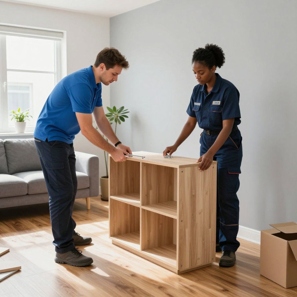 Two people assembling a wooden bookshelf in a room with a couch.