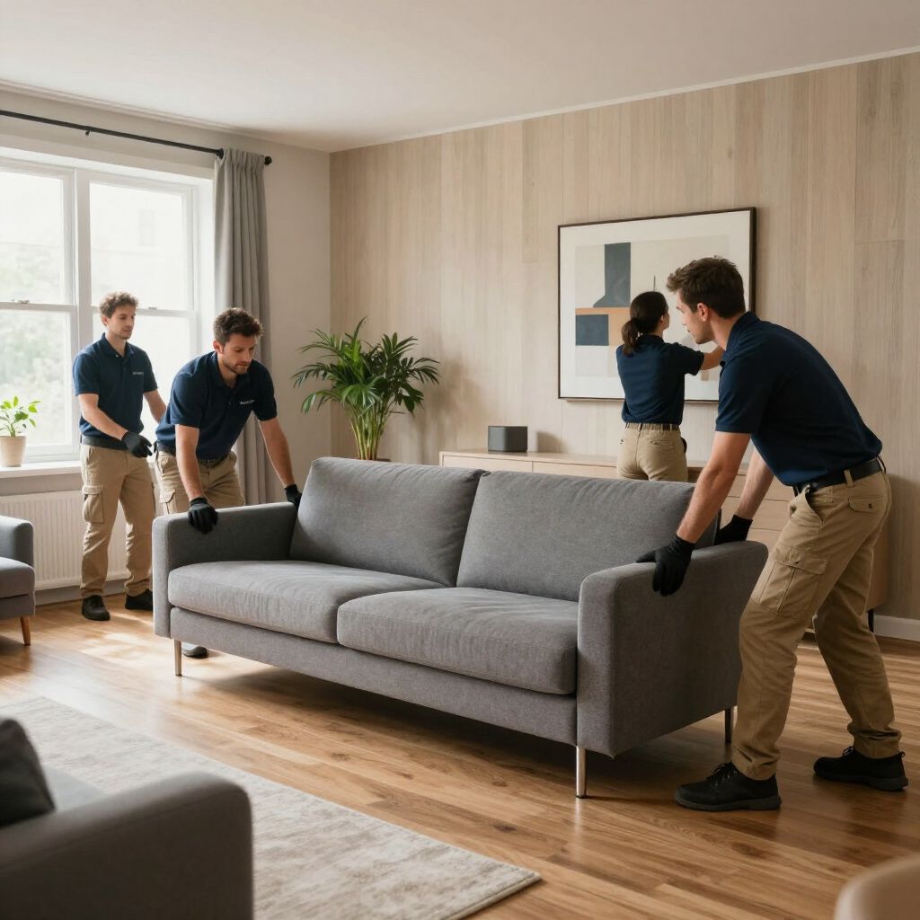 Four movers carrying a gray sofa in a living room; wood floors, light walls, and a window.