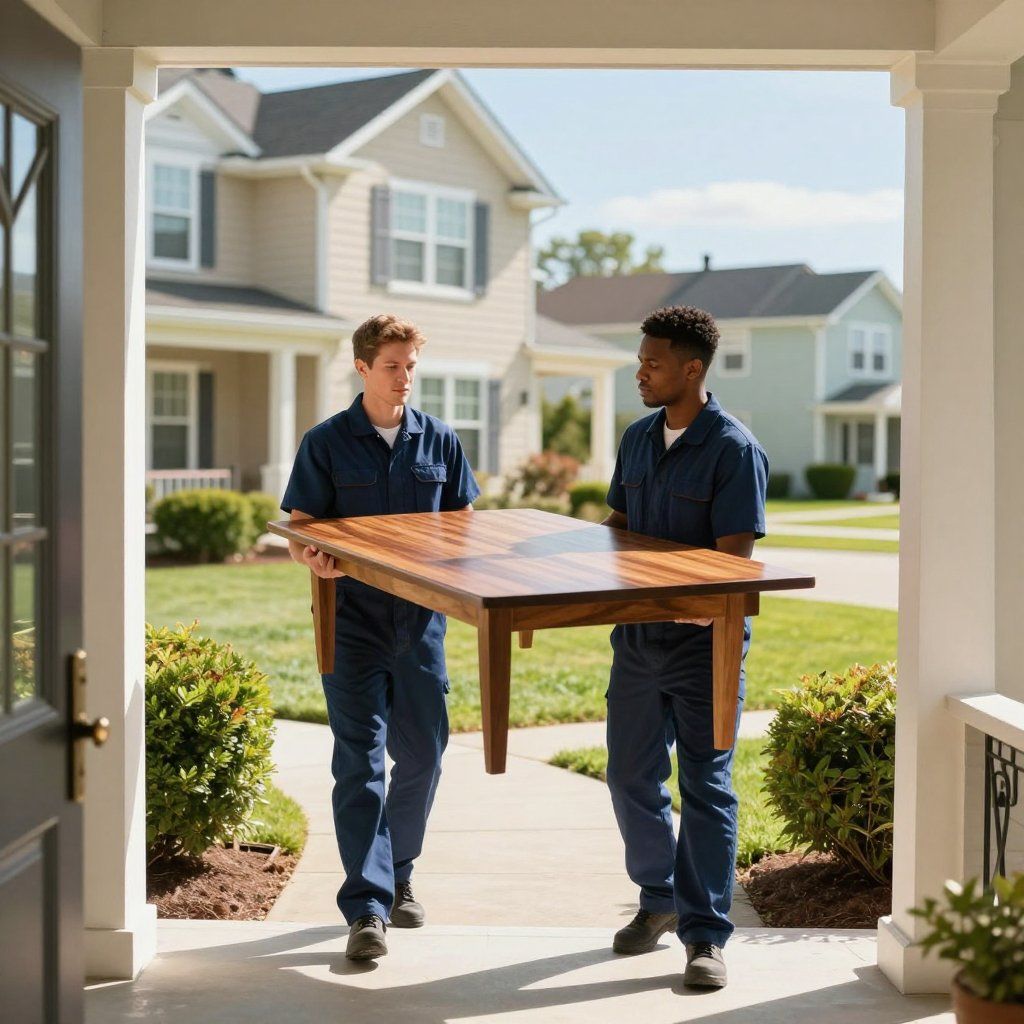 Two people carrying a wooden table from a house doorway. Sunny day.