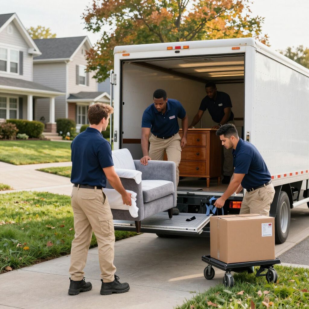 Movers loading furniture and boxes into a white moving truck on a driveway.