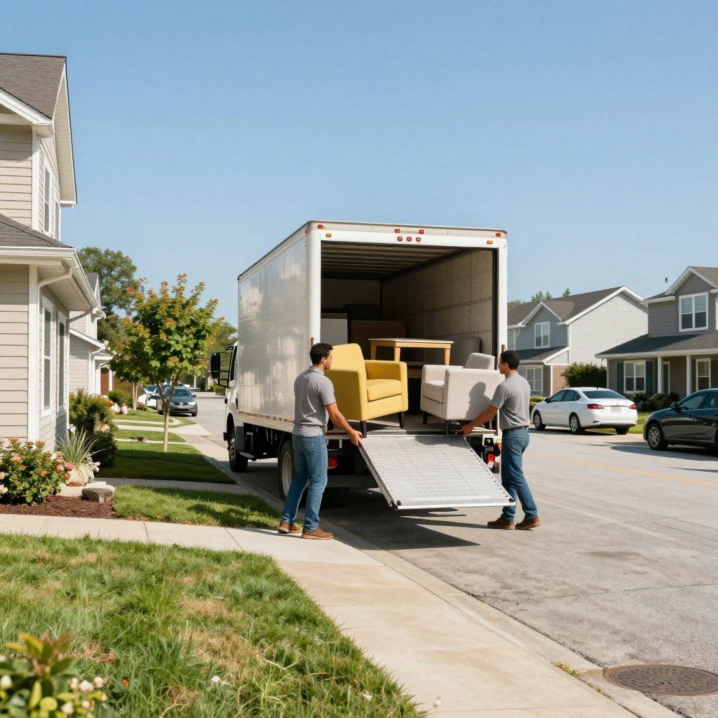 Two movers loading furniture, including a yellow armchair, onto a moving truck parked on a residential street.