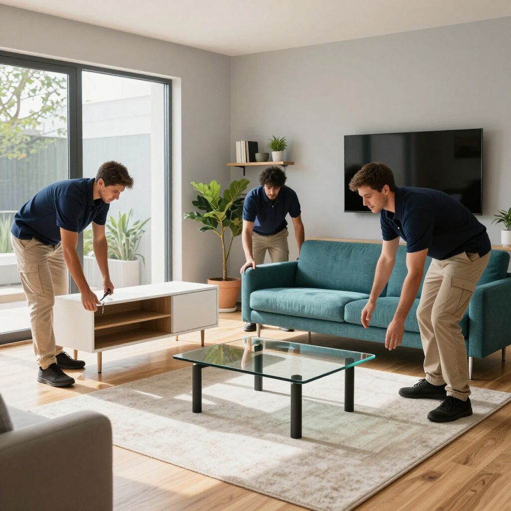 Three men moving furniture in a modern living room. One assembles a cabinet, two lift a turquoise couch.