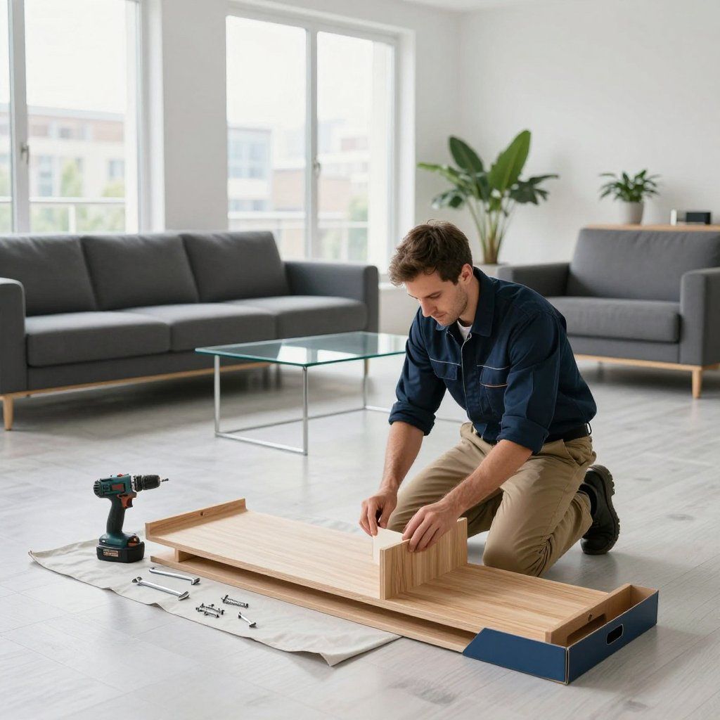 Man assembling furniture on floor in a living room, using a drill.
