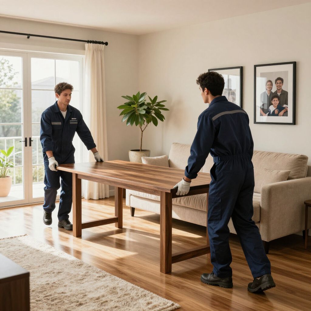 Two movers in blue coveralls carrying a wooden dining table in a living room.