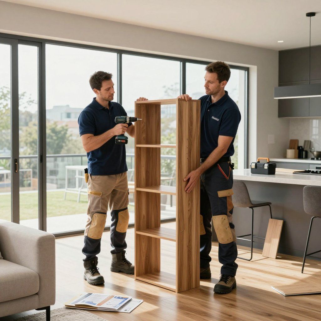 Two people assembling a wooden bookshelf in a modern home, one using a drill.