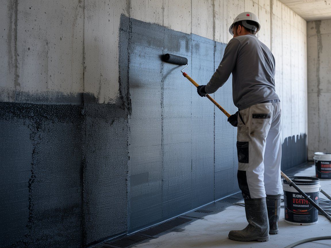 Man in hard hat rolling black sealant onto a concrete wall for waterproofing.