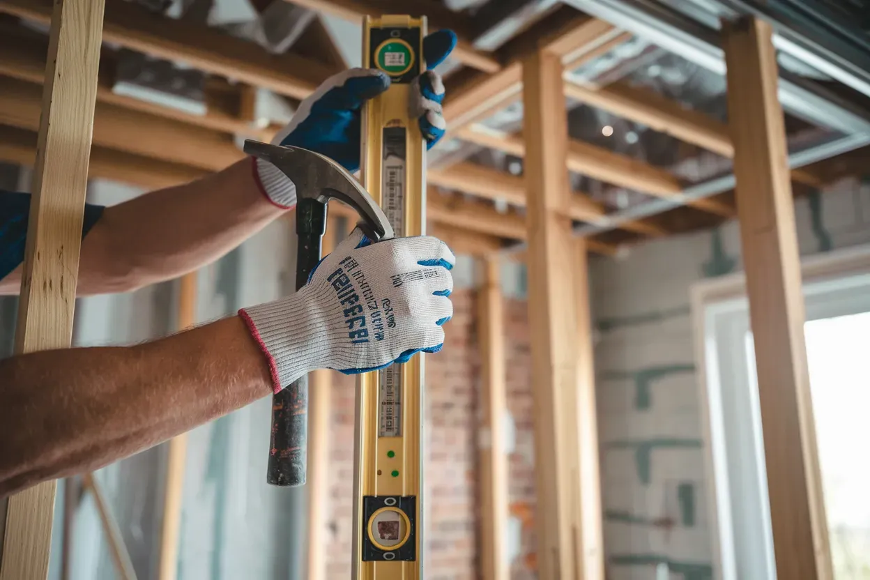 A man is holding a hammer and a level in his hands.