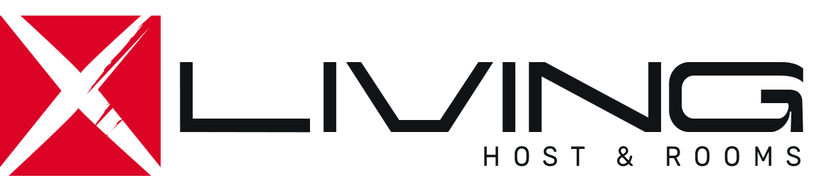 Un logotipo rojo y negro para x living host & rooms