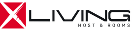 Un logotipo rojo y negro para x living host & rooms