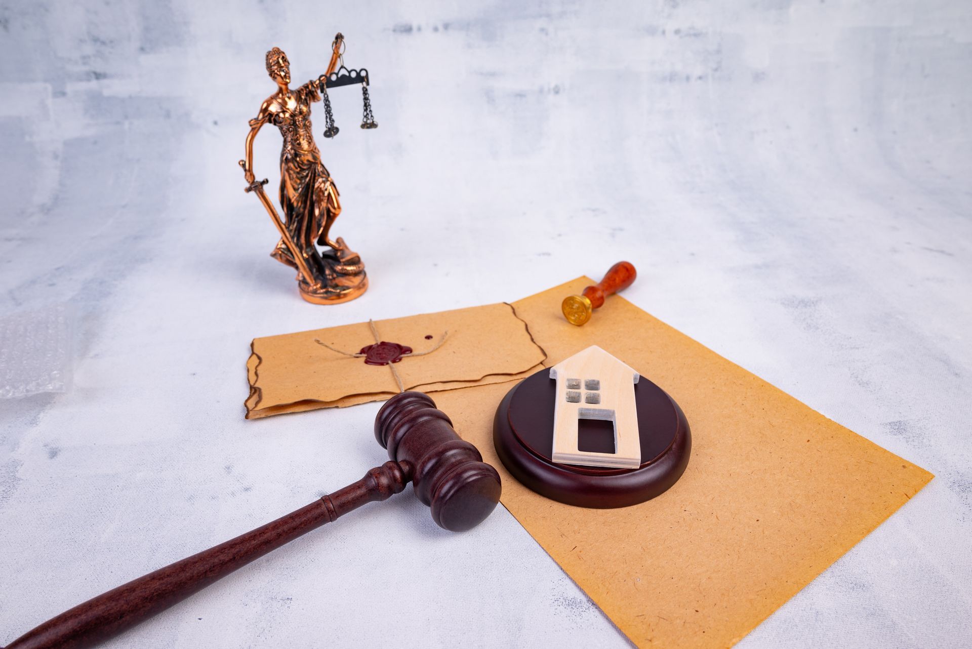 Statue of Justice, gavel, and small house model on documents, symbolizing legal home ownership.