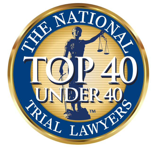 The National Trial Lawyers Top 100 seal featuring Lady Justice in blue, gold, and white.