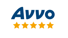 Avvo logo with blue text and five gold stars, indicating positive reviews.
