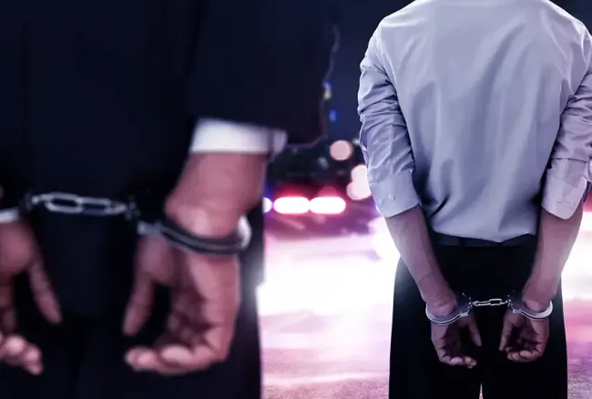 Two people in handcuffs with backs to the camera against a blurred city background.