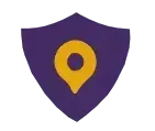 Purple shield with a yellow location pin.